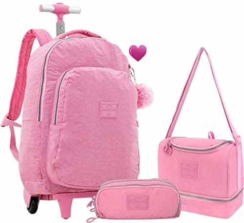 Kit Mochila Escolar Rodinhas Feminina Menina Juvenil Infantil Crinkle Rosa Chaveiro Lancheira Dupla