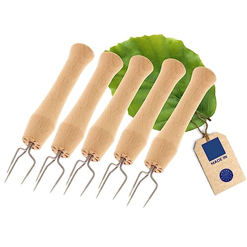 HOFMEISTER® Lot de 5 fourchettes à pommes de terre, fabriquées en Allemagne, sans plastique, parfaites comme brochettes pour pommes de terre ou porte-épis de maïs, en acier inoxydable, manche en bois