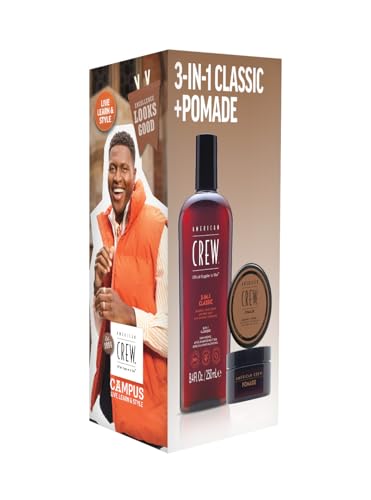 AMERICAN CREW - Duo Set mit 3-in-1 Classic Shampoo, Conditioner & Body Wash (250ml) + Pomade (50g), Haar- & Körperpflege Duo für Männer, Geschenk