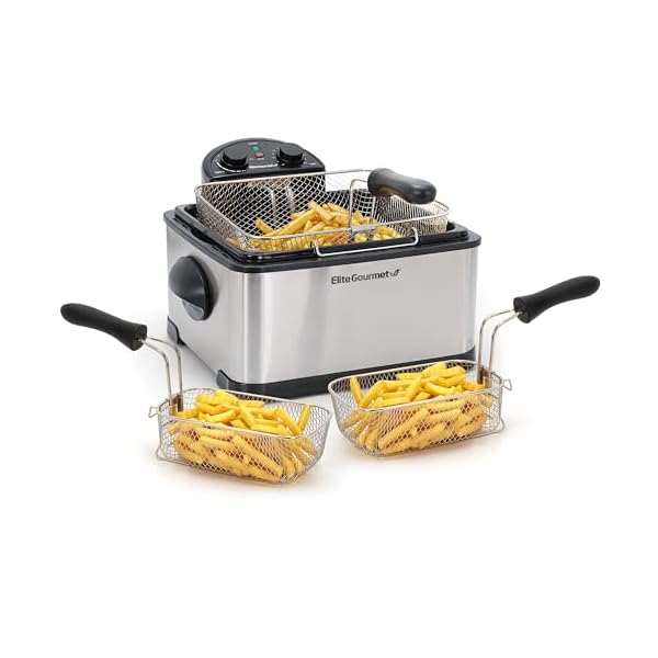 Elite Gourmet EDF-401T Electric 4.5 Qt. / 17 Cup Immersion Deep Fryer 3-Baskets, 1700-Watt, Timer Control Adjustable Temperature, Lid with Viewing Window and Odor Free Filter