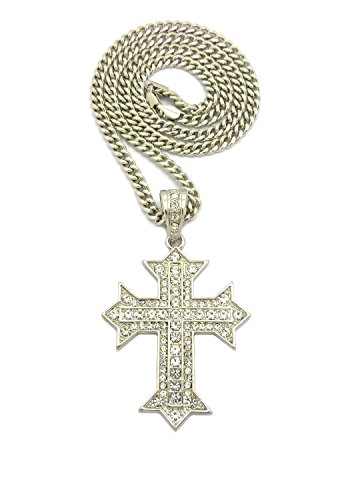 Fashion 21 Hip Hip Iced Out Cross Pendant 6mm 36" Cuban Chain Necklace in Silver Color Plated (Cross # 1)