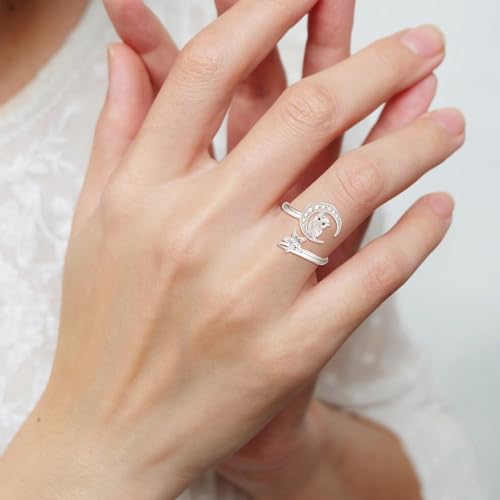 Anillo de búho ajustable de plata 925 con diseño abierto de estrella y luna 3