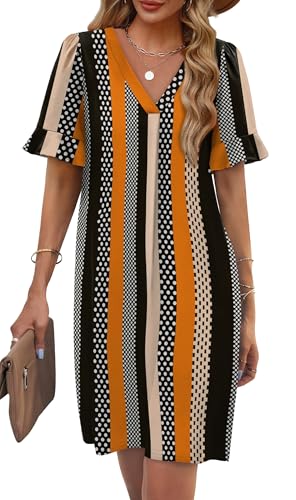 Image of OFEEFAN Summer Dresses for Women Ruffle Short Sleeve V Neck Casual Shift Dress with Pockets