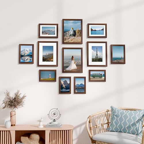 Image of Vittanly 12 Pack Picture Frames Collage Wall Decor for Mounting or Tabletop Display, Gallery Wall Frame Set for Family, Multi Sizes Including 8x10, 5x7, 4x6, Light Brown