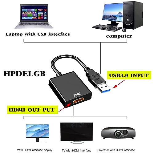 HPDELGB USB to HDMI Adapter USB 3.0/2.0 to HDMI Cable for Multiple Monitors 1080P Compatible with Windows XP/7/8/10/11 Desktop, Laptop, PC, Monitor, Projector, HDTV, Grey Not for Chromebook
