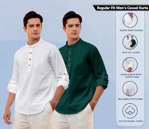 Image of Zombom Men's Combo Cotton Polyester Blend Solid Full Sleeve Straight Regular Fit Mandarin /Chinese Collor Kurta (Pack of 2)