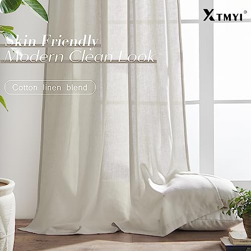 Image of XTMYI Oatmeal Beige Back Tab /Hook Belt Linen Cotton Sheer Curtains 63 Inch Length for Bedroom Living Room