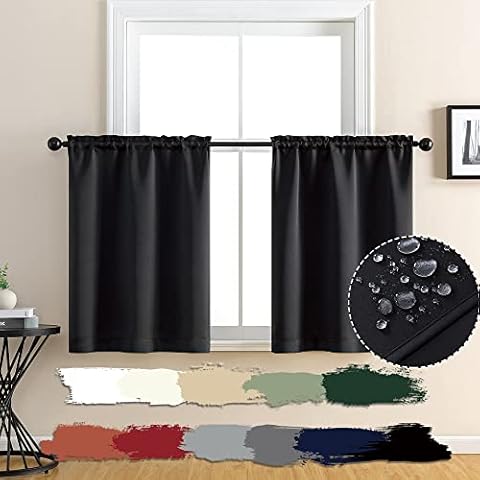 Waterproof Black Bathroom Set of 2 Panels Short Curtain for Shower Window/Bath Decor,Room Darkening Heat Light Blocking Blackout Bedroom Small Window Treatments Kitchen Curtains 36 Inch Length Cover