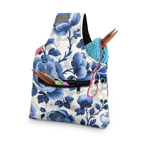 Image of Blue Floral Yarn Storage Bag for Crocheting Lightweight Knitting Bags and Totes Holding Yarn Crochet Hook Needles,Small
