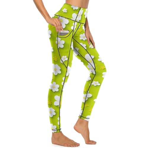 Legging imprimé floral blanc yoga taille haute avec poches pour femme