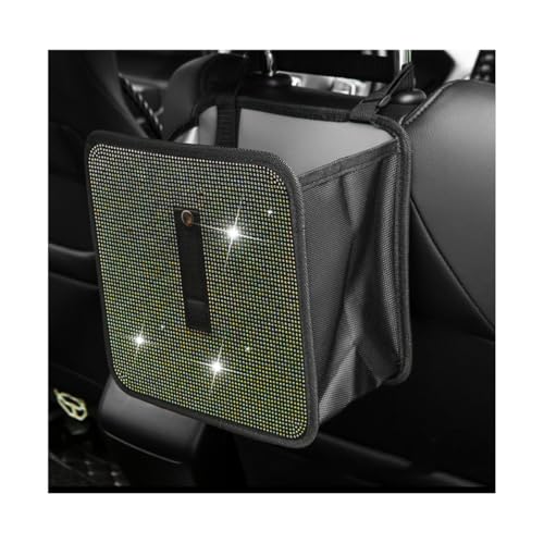 Image of Car Trash Can, Bling Rhinestone Crystal Waterproof Hanging Garbage Bag for Car Interior, Oxford Leakproof Foldable Waste Organizer Trash Bin Universal for Most Vehicles (AB)