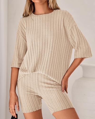 Image of KIRUNDO Short Sets For Women Summer 2 Piece Matching Lounge Sets Casual Rib Knit Tshirts Biker Shorts Beach Vacation Outfits