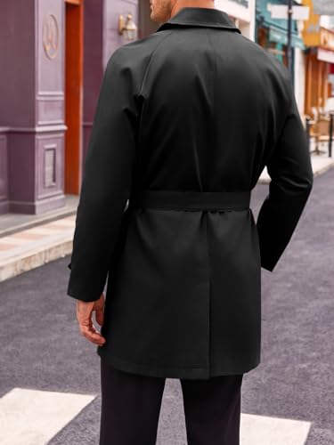 Runcati Mens Trench Coat Double Breasted Mid Long Jacket Casual Belted Overcoat Notched Lapel Windbreaker4