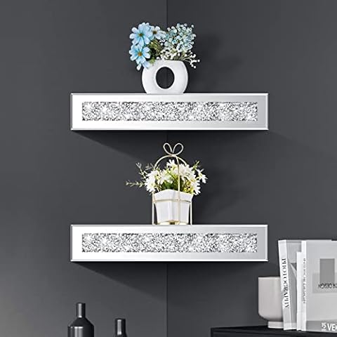 2 Pieces Mirrored Floating Conner Shelf Crushed Diamond Decorative Wall Shelf Triangle Corner Wall Shelves Crystal Glass Silver Mirror Corner Shower Caddy for Wall Bathroom, 11.8 x 11.8 x 3.1 Inch Cover