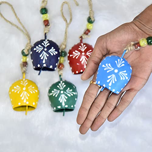 Vivanta Handmade Metal Bells – Set of 5 (7cm) Hanging Cow Bells with Rope & Beads – Hand-Painted Vintage Bells for Farmhouse, Boho Wall Decor, Witch Bells, Christmas Ornaments & Wind Chimes