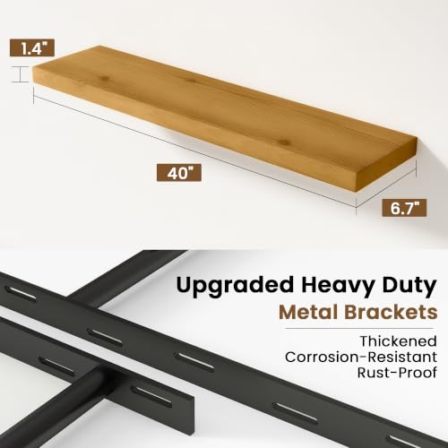 Image of Solid Wood Floating Shelves for Wall 40 inch,Natural Wooden Shelf Set of 2 | Rustic Wood Wall Floating Shelf with Invisible Brackets,Floating Wooden Shelves for Living Room,Bathroom,Bedroom,Kitchen