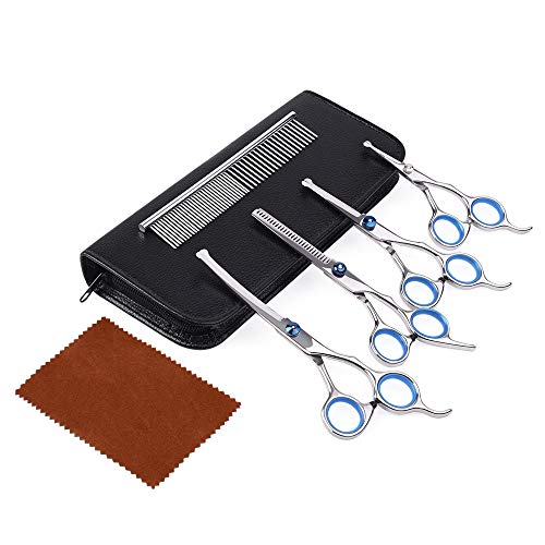 WOLFWILL Multifunktions-Scheren für die Tierpflege mit runder Sicherheitsspitze-5er-Pack Trimmer-Kit für die Tierpflege aus Edelstahl - Ausdünnung, gerade, gebogene Schere und Kamm für Hundekatzenhaar
