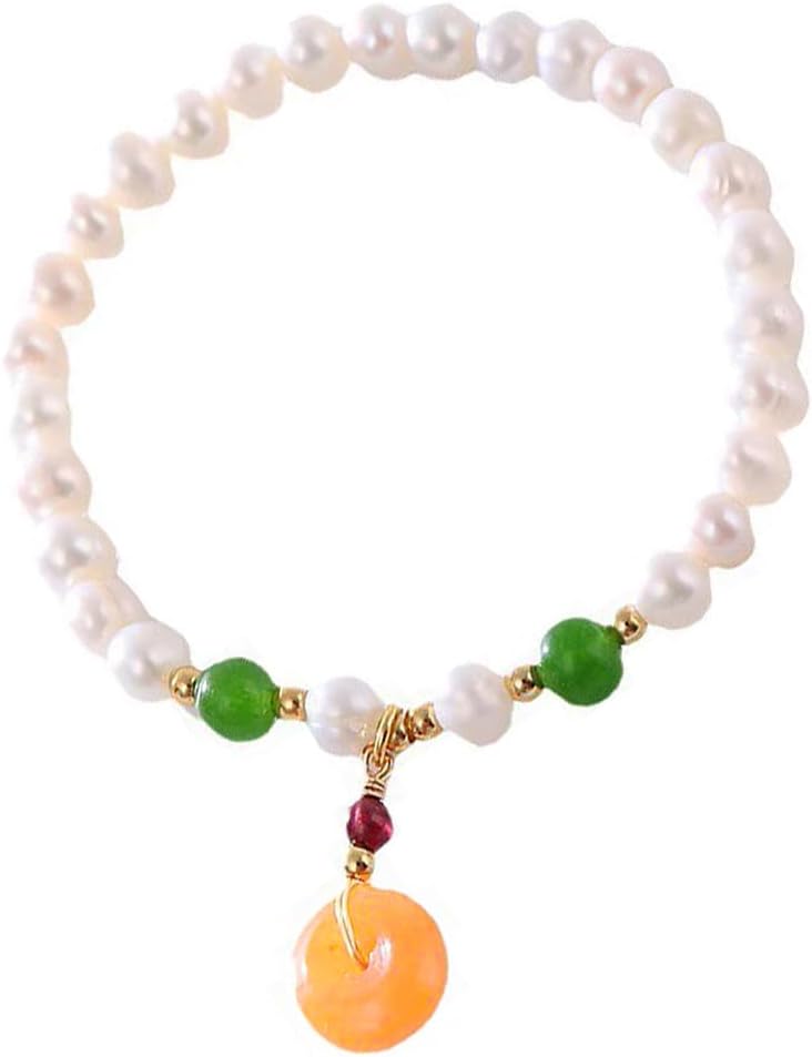Women Freshwater Pearl Bracelet Chalcedony Donut Pendant with Carnelian Gemstone Handmade Jewelry Birthday Gift for Her 6.7inch