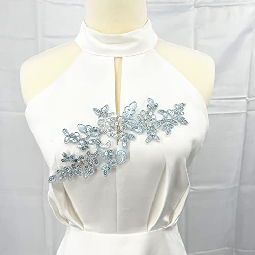 SUNMOVE Pair of Embroidery Sequin Lace Applique Sewing Flower Fabric Collar Patch Motif Wedding Gown Dress Bridal DIY Crafts (Sky Blue)