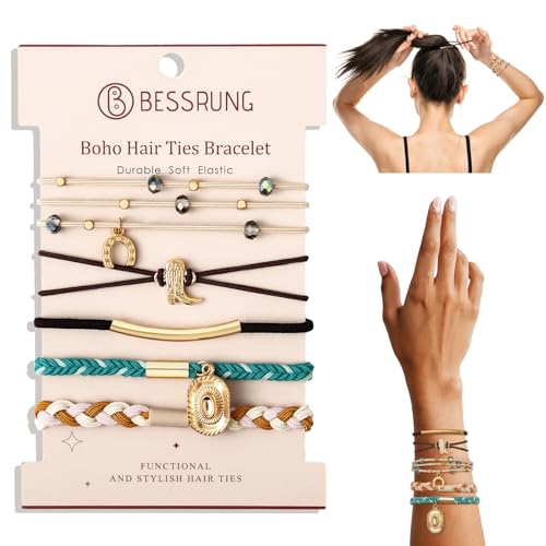 5 Pcs Hair Tie Bracelets for Women, Western Cowboy Hat & Boot Design Boho Hair Ties, No-Pull, No-Damage Elastic Hair Bands for Fine & Thick Hair Ponytail Holders Valentine's Day Gift