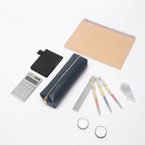 Image of Pencil Case Small Zipper Pen Pouch for School Office Art Supplies Stationery Organizer Bag for Pens Markers(Navy Blue /Faux Leather)