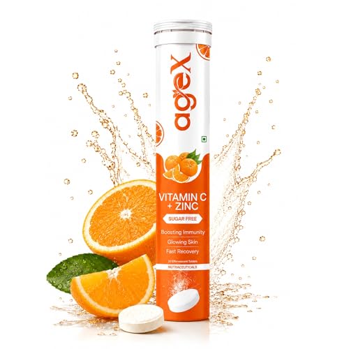 Image of Vitamin C+Zinc Effervescent Tablets | Natural Amla Extract 1000mg + Vit C 80mg + Zinc 10mg | Immunity Booster for Skin, Hair & Nails | Supports Collagen Production |Orange Flavour | Sugar-Free | 20 Effervescent Tablets (Pack of 1)