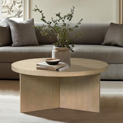 Martha Stewart Sadie Round Coffee Table – Starburst Veneer Top, Reclaimed Greige Wood Finish, Modern Accent for Living Room, Lounge, or Sitting Area, 36" Dia x 16.5" H by Martha Stewart - Used condition - US$172.72