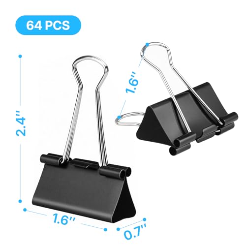 Image of OWLKELA 64 Pack Binder Clips, 1.6 Inch, Black | Large Paper Clamps,Ideal for Home Supplies, School, Office and Business