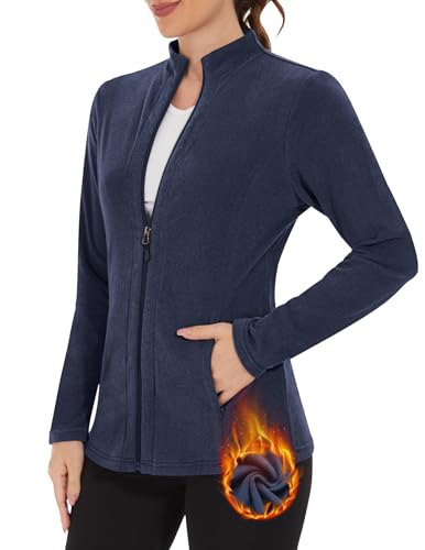 WOWENY Fleecejacke Damen Warm Gefüttert Sweatshirt mit Stehkragen Full Zip Fleece Sweatjacke Leichte Winter Outdoor Laufen Wandern Freizeit[Blau,M]