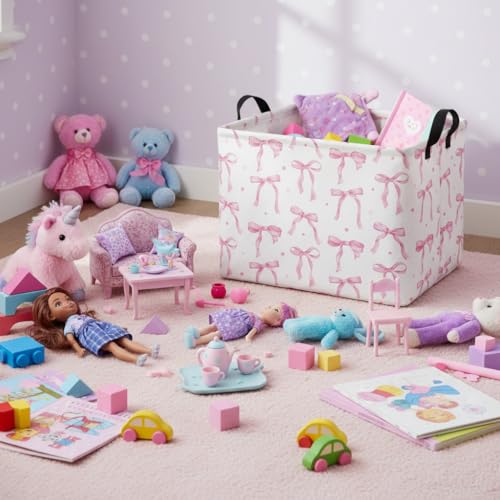 Image of Rectangular Baby Kids Storage Basket for Home Kitchen Girls Cute Toy Storage Bin Organizer Shelf Book Room Decor(Dot Bowknot)