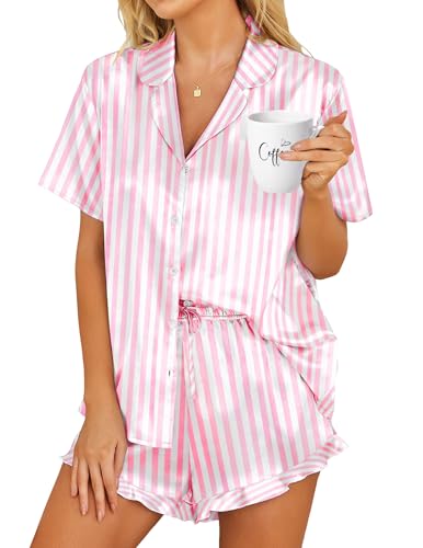 HOTOUCH Womens Satin Soft Striped Button Sets Two Piece Collared Matching Silk Pajamas Set Pink Striped, Large