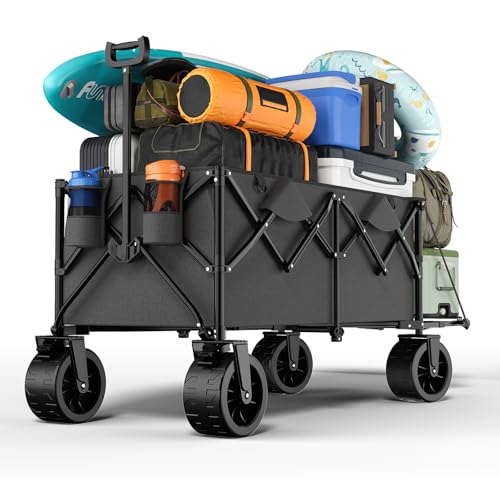 Devoko 332L Folding Festival Trolley on Wheels, Heavy Duty Camping Wagon Cart with Adjustable Tailgate, Extra-Wide 18cm All-Terrain Wheels, 180KG Load – Beach, Garden, Pull Along Trolley, Grey