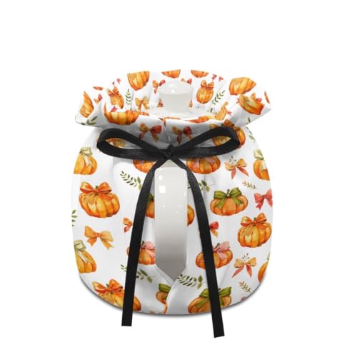 Image of Fall Tea Cosy Cover Bow Print Kitchen Kettle Cover for Teapot Insulated Tea Cozy Soft Fabric Teapot Covers for Home Party Decor