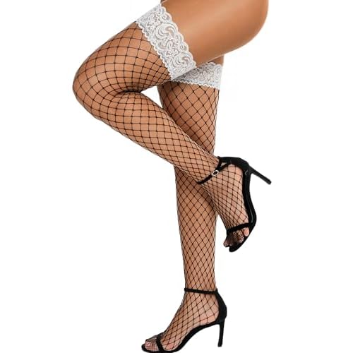 RSLOVE Women's Lace Top Fishnet Thigh-High Stockings with Antiskid Silicone Sexy Stay Up Tights Pantyhose One Size Black & White