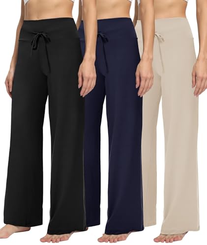 TNNZEET 3 Pack Women's Wide Leg Pants with Pockets - Casual Loose Yoga Trouser Pants Sweatpants Palazzo Lounge Pajama Pants