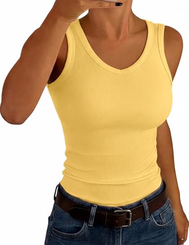 Image of Aottori Tank Top Women V Neck Sleeveless Vests UK Ladies Summer Camisole Shirts Ribbed Slim Fit Casual Basic Tunic Top Yellow M