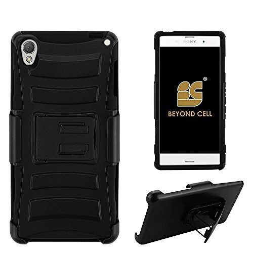 PimpCase Compatible with Xperia Z3, Durable Rugged Cover Hard Shell Silicone Interior Black Phone Cover with Kickstand and Belt Clip Holster