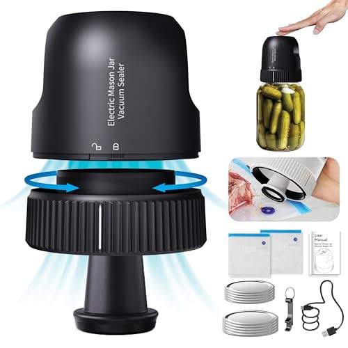 3-in-1 Electric Mason Jar Vacuum Sealer Kit for Wide & Regular Mouth Canning Jars & Sous Vide Bags, Rechargeable Auto Stop Jar Sealer Vacuum for Storing Herbs, Fruits & Veggies (Black) -  Rong Tronic, M80