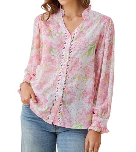 Women's 2026 Casual Spring Summer Long Puff Sleeve Button Down Up Ruffle V Neck Pink Floral Printed Sheer Tunic Trendy Lightweight Boho Beach Vocation Dating Office Blouse Shirt with Lace Trim Top