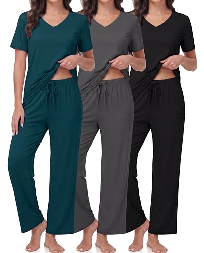 Simlakey - Simlakey 3 Pack Women's Pajama Set Short Sleeve Pajamas Top and Pants V Neck Soft 2 Piece Pjs Set Loungewear with Pockets(Black/gray/dark Slate Blue,Medium) - Best Deal on Amazon