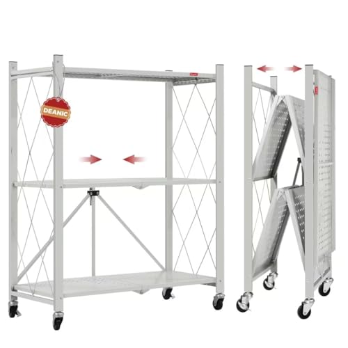 Image of DEANIC 3 Tier Foldable Storage Shelves with Wheels, Kitchen Appliance Stand, Freestanding Metal Wire Shelf Rack, No Assembly Organizer Rolling Cart for Garage, Basement, Pantry(Grey)