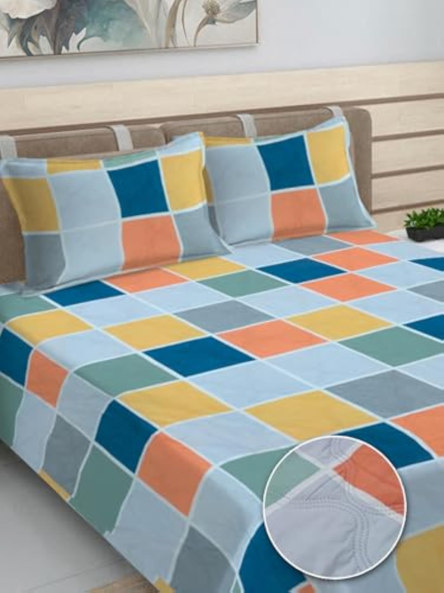 Multicolor Geometric Cotton Blend King Size Bedcover with Pillow Covers