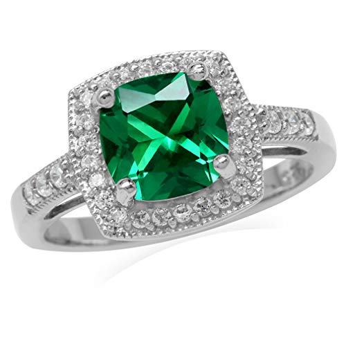 Silvershake 8Mm Cushion Nano Green Emerald 925 Sterling Silver Halo Engagement Ring For May Birthstone Size 7 #TOP8