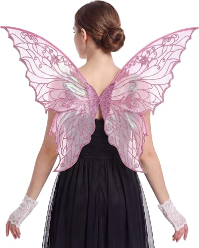 Fairy Wings for Women with Lace Gloves, Large Butterfly Cosplay Wings, Iridescent Costume Wings for Party Photography Props Adult Dress Up Accessories (Pink)