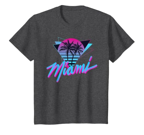 Miami - Palm Trees - Vaperwave Synthwave 80s Style Retro T-Shirt, Youth, Dark Heather Grey, Small