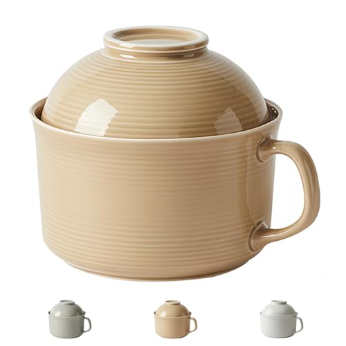 Dowbom Bol à soupe avec couvercle, bol à ramen en porcelaine de 1 000 ml, passe au micro-ondes instantané, grande tasse à soupe (kaki)