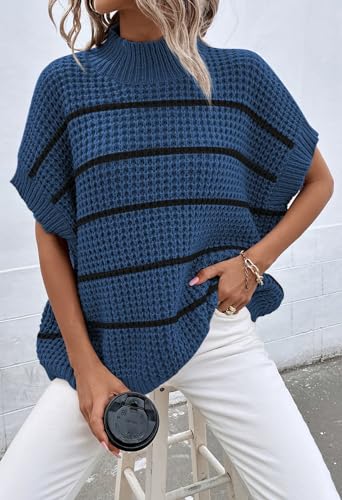 Image of Viottiset Womens Oversized Short Batwing Sleeve Mock Neck Sweater Vest Fall Sleeveless Pullover Knit Sweaters