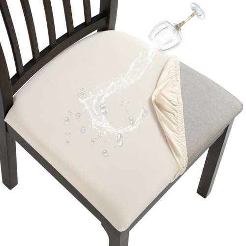 Image of SearchI Cool Fabric Seat Covers for Dining Chairs, 6 Pack Water Repellent Dining Room Chair Seat Covers, Kitchen Chair Seat Covers Protectors(Beige)