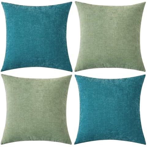 GAWAMAY Pack of 2 Couch Throw Pillow Covers 18x18 Inch Soft Square Chenille Pillow Cover for Sofa Living Room Bedroom Car Solid Dyed Pillow Cases (Only Pillowcases) 45x45cm,Green, Teal Blue Cover