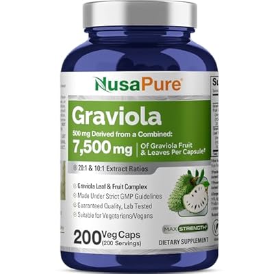 NusaPure Graviola 20:1 & 10:1 Extract - Suitable for VegetarianVegan, Non- GMO - 7500 mg - 200 Capsules